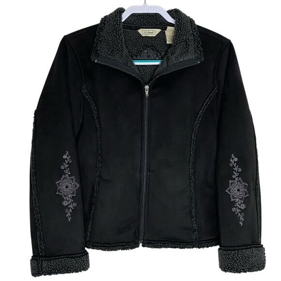 LL Bean Faux Suede Jacket Womens L Petite Shearling Sherpa Embroidered Western - Picture 1 of 16